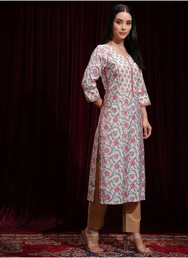 Vishudh - Floral Printed Gotta Patti Round Neck Straight Kurta by Styli - Image 1