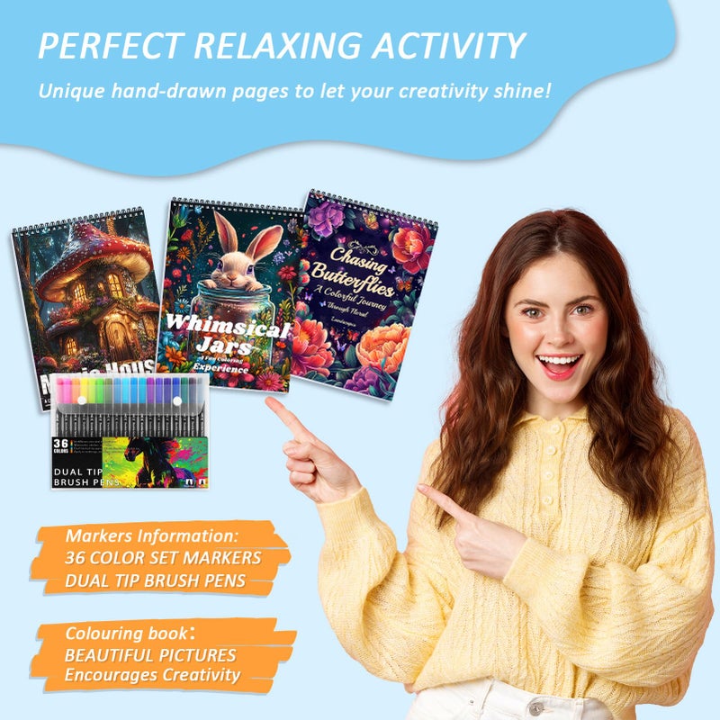 CKMOREL 3Pcs Adult Coloring Book for Women Relaxation, Spiral Bound Adult Coloring Books for Women with 36 Markers, 36 Dual Tip Colors Markers, Mindfulness Gifts - 72 Patterns - Image 3