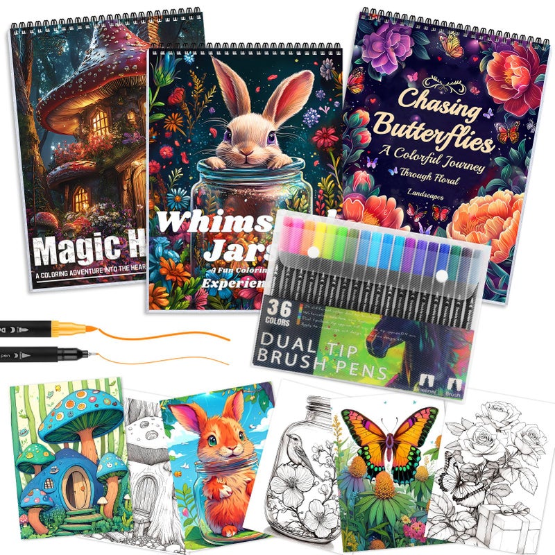 CKMOREL 3Pcs Adult Coloring Book for Women Relaxation, Spiral Bound Adult Coloring Books for Women with 36 Markers, 36 Dual Tip Colors Markers, Mindfulness Gifts - 72 Patterns - Image 1