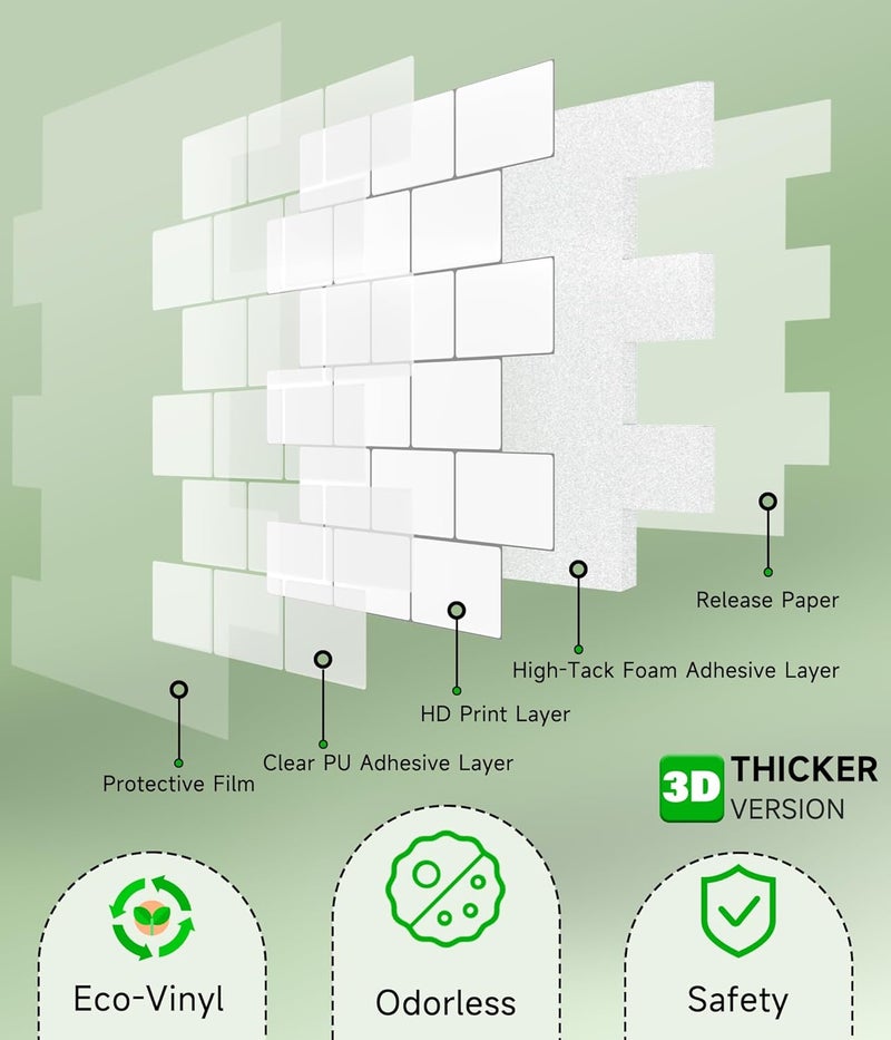 Yoillione Upgrade Thicker Peel and Stick Wall Tiles Backsplash for Kitchen and Bathroom, Metro Subway Tiles Self Adhesive Tile Stickers 3D Stick on Splashback White, 10 Sheets - Image 5