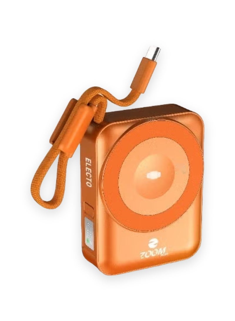 ZOOM PLUS ELECTO ZP666 Wireless Power Bank 10000mAh, 15W Wireless Charging, Built-in USB-C Cable 22.5W, USB-C Port, LED Display, Compact Portable Charger with Phone Stand (Orange) - Image 1