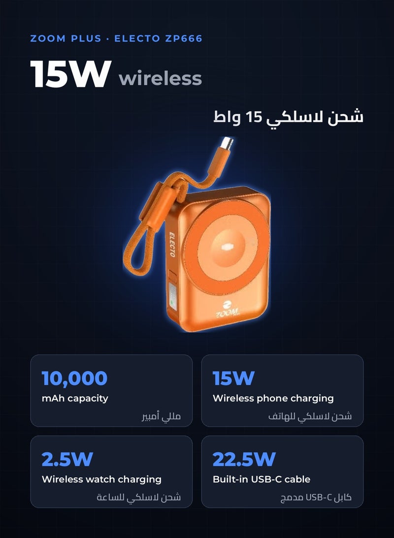 ZOOM PLUS ELECTO ZP666 Wireless Power Bank 10000mAh, 15W Wireless Charging, Built-in USB-C Cable 22.5W, USB-C Port, LED Display, Compact Portable Charger with Phone Stand (Orange) - Image 2