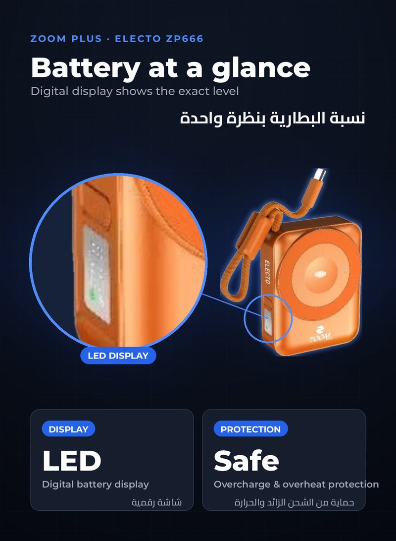 ZOOM PLUS ELECTO ZP666 Wireless Power Bank 10000mAh, 15W Wireless Charging, Built-in USB-C Cable 22.5W, USB-C Port, LED Display, Compact Portable Charger with Phone Stand (Orange) - Image 5