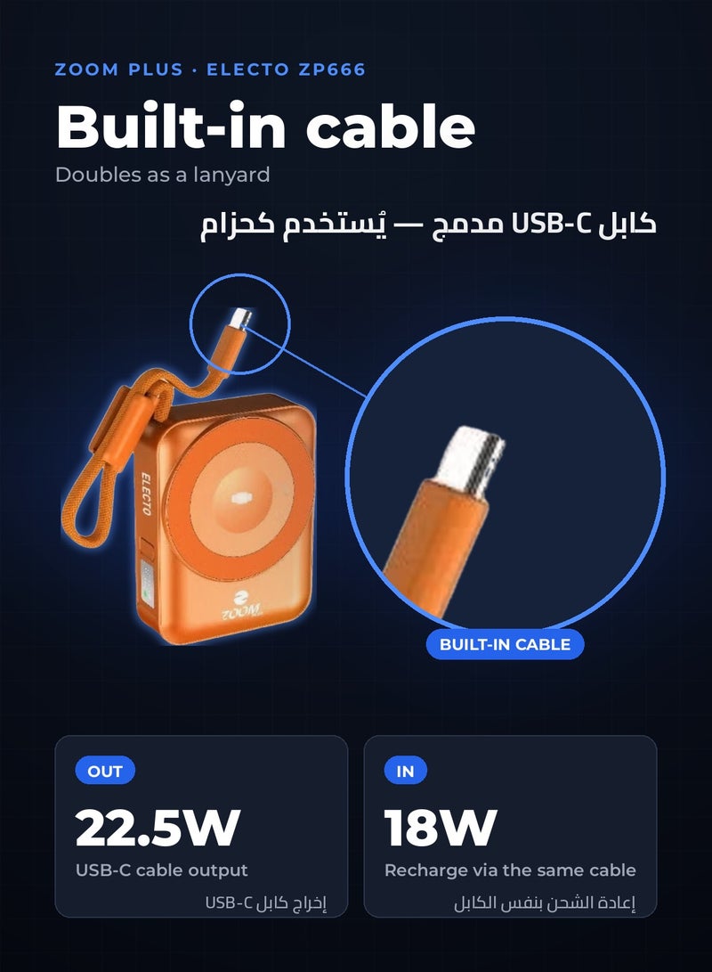 ZOOM PLUS ELECTO ZP666 Wireless Power Bank 10000mAh, 15W Wireless Charging, Built-in USB-C Cable 22.5W, USB-C Port, LED Display, Compact Portable Charger with Phone Stand (Orange) - Image 3