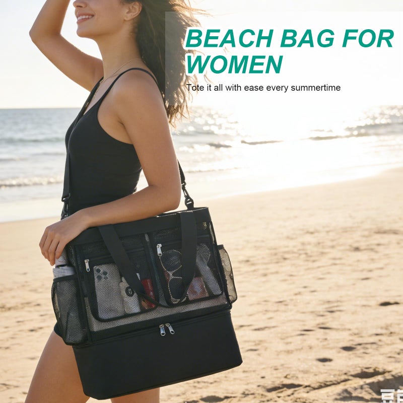 Busiuw Beach Bags for Women, Large Beach Tote Bag Waterproof Mesh Swim Pool Bag with Cooler for Travel Vacation Essentials - Image 5