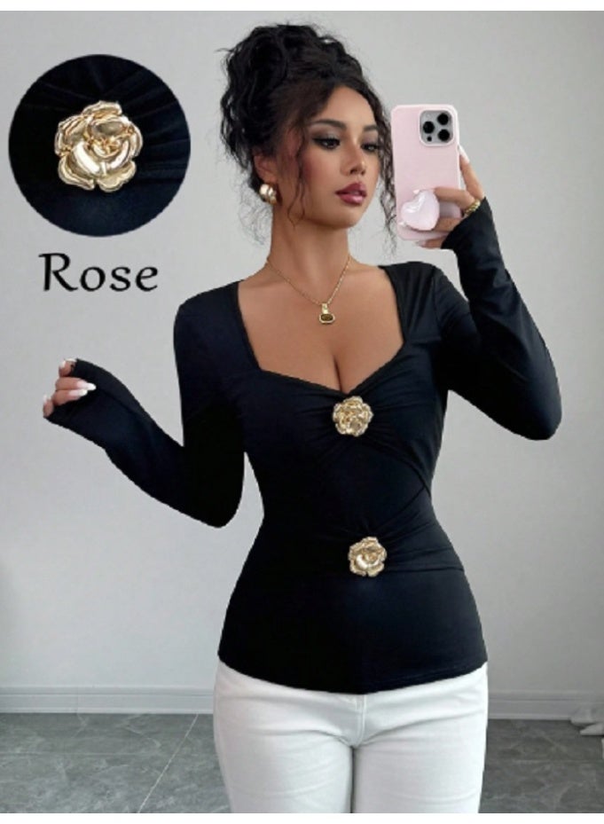 Shein Square Neck Long Sleeve Women T-Shirt With Waist Flattering Rose Asymmetric - Image 1