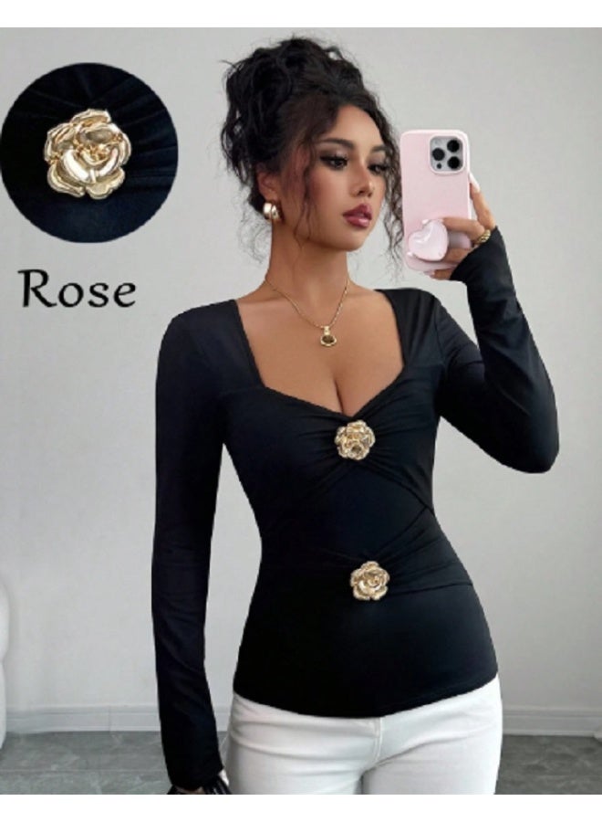 Shein Square Neck Long Sleeve Women T-Shirt With Waist Flattering Rose Asymmetric - Image 2