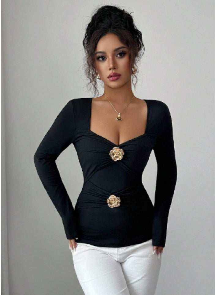 Shein Square Neck Long Sleeve Women T-Shirt With Waist Flattering Rose Asymmetric - Image 4