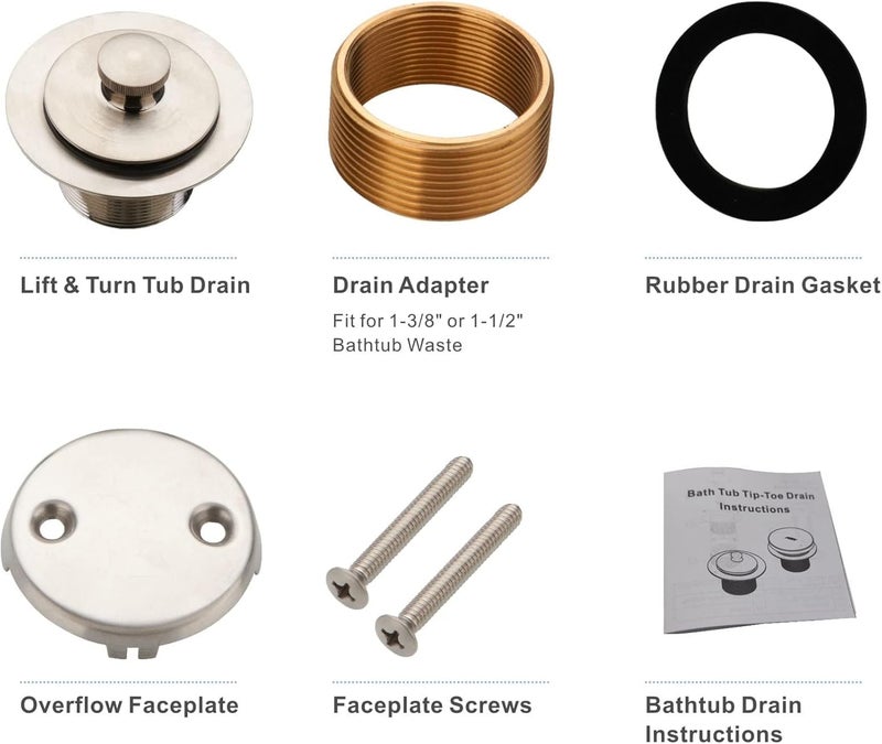 HIDROP Brushed Nickel Tub Drain Lift &Turn Tub Trim Set with Two-Hole Overflow Faceplate Conversion Kit Assembly, Bathtub Drain Replacement Trim Kit and Universal Fine/Coarse Thread - Image 5