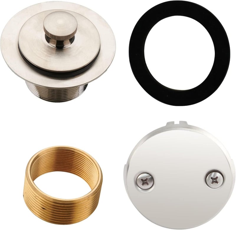 HIDROP Brushed Nickel Tub Drain Lift &Turn Tub Trim Set with Two-Hole Overflow Faceplate Conversion Kit Assembly, Bathtub Drain Replacement Trim Kit and Universal Fine/Coarse Thread - Image 1