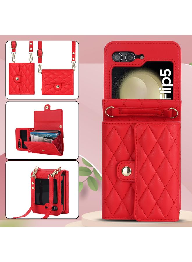 S-TOP Case For Samsung Galaxy Z Flip5 Rhombic Texture Card Bag PU Phone Case with Long Lanyard - Image 2