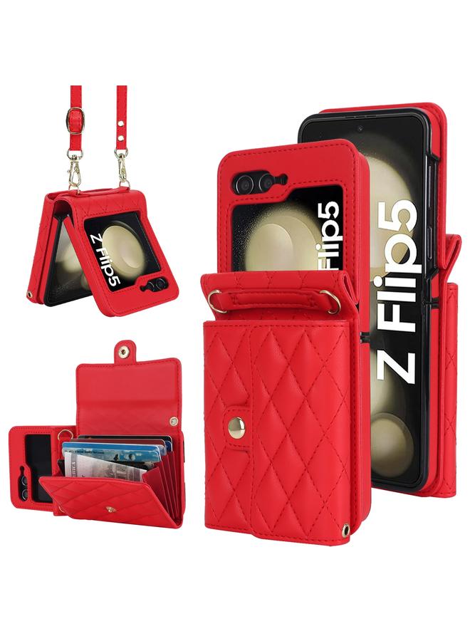 S-TOP Case For Samsung Galaxy Z Flip5 Rhombic Texture Card Bag PU Phone Case with Long Lanyard - Image 1