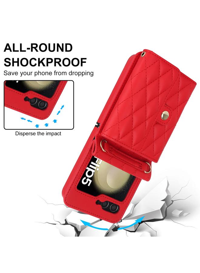 S-TOP Case For Samsung Galaxy Z Flip5 Rhombic Texture Card Bag PU Phone Case with Long Lanyard - Image 4