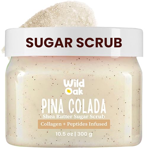 WILD OAK WildOak Pina Colada Sugar Body Scrub | 300g | Kojic Acid, Hyaluronic Acid, Ceramides, Collagen & Peptides | De-Tan & Brightens Dark Areas | Smooths Strawberry Legs & Arms | Hydrates & Exfoliates - Image 1