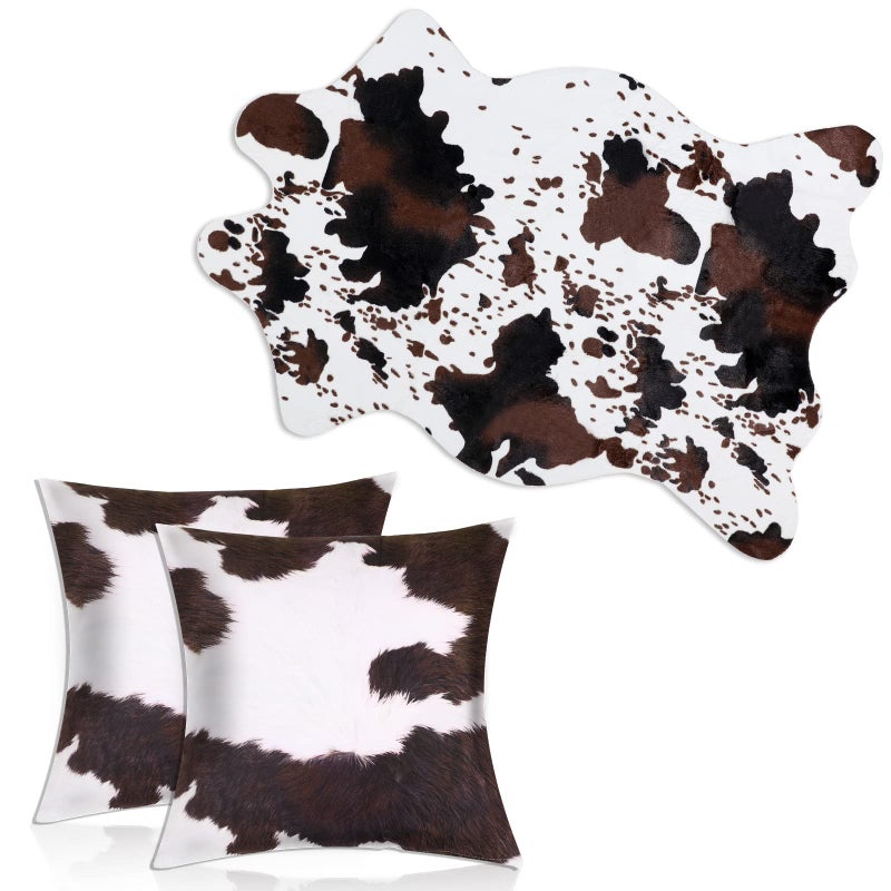 Remagr 3 Pcs Winter Cow Print Rug and Cowhide Pillowcase Set 3.6x2.5ft Faux Cowhide Area Carpet Faux Hide Rug Print Pillows for Living Room Bedroom Office Western Decor - Image 1