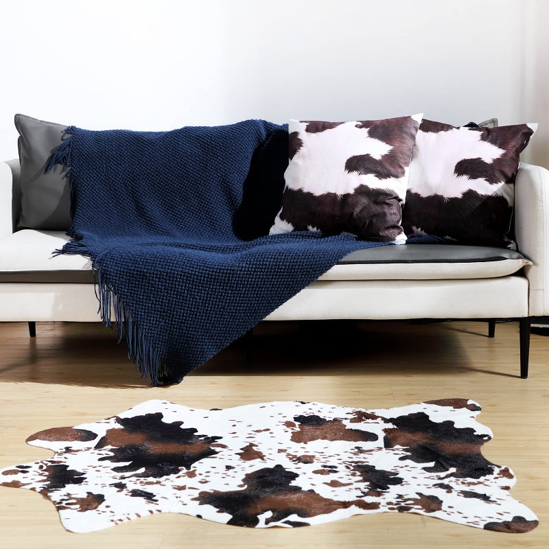 Remagr 3 Pcs Winter Cow Print Rug and Cowhide Pillowcase Set 3.6x2.5ft Faux Cowhide Area Carpet Faux Hide Rug Print Pillows for Living Room Bedroom Office Western Decor - Image 5