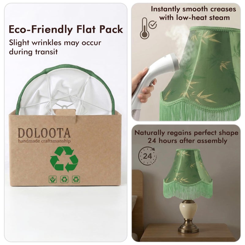 DOLOOTA Green Bell Fringe Lamp Shade - 1 Pack, 6" x 13" x 10.6"(Spider) Victorian Scalloped Trim Lampshade, Bamboo Leaf Patterned Fabric Replacement Lamp Shade for Table Lamp, Easy Assembly - Image 5
