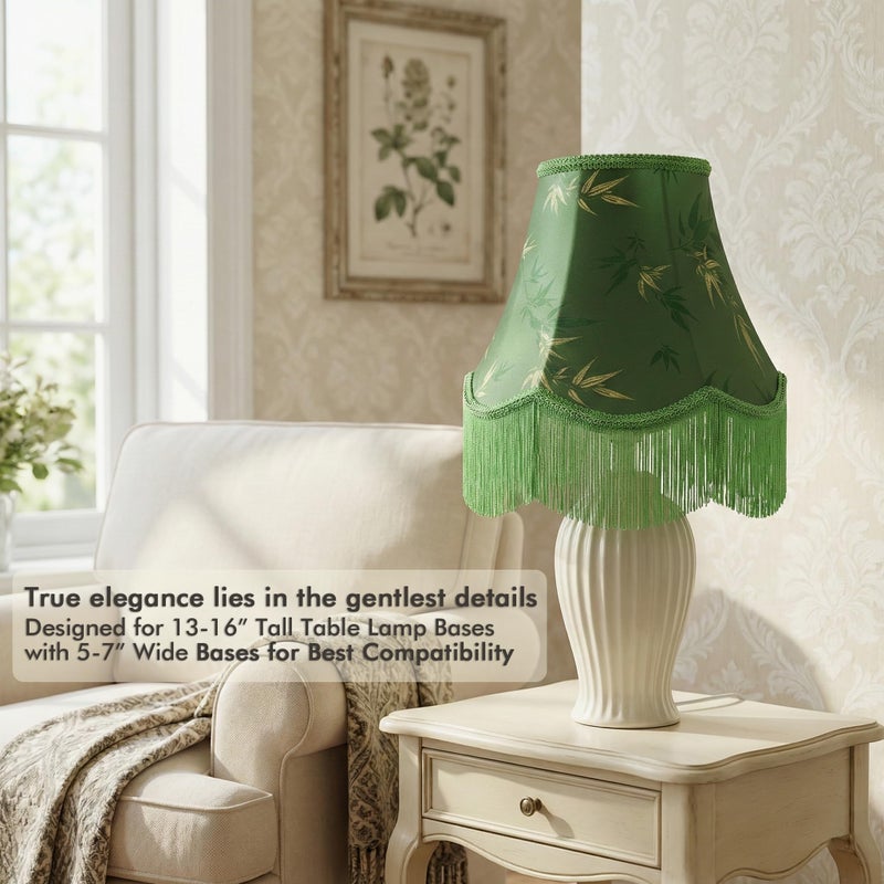 DOLOOTA Green Bell Fringe Lamp Shade - 1 Pack, 6" x 13" x 10.6"(Spider) Victorian Scalloped Trim Lampshade, Bamboo Leaf Patterned Fabric Replacement Lamp Shade for Table Lamp, Easy Assembly - Image 2