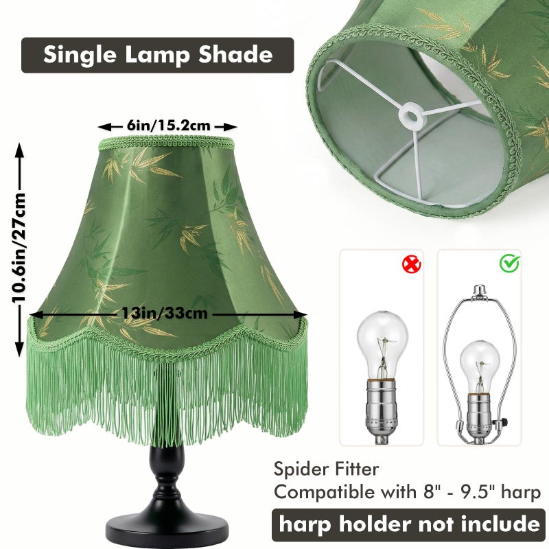 DOLOOTA Green Bell Fringe Lamp Shade - 1 Pack, 6" x 13" x 10.6"(Spider) Victorian Scalloped Trim Lampshade, Bamboo Leaf Patterned Fabric Replacement Lamp Shade for Table Lamp, Easy Assembly - Image 3