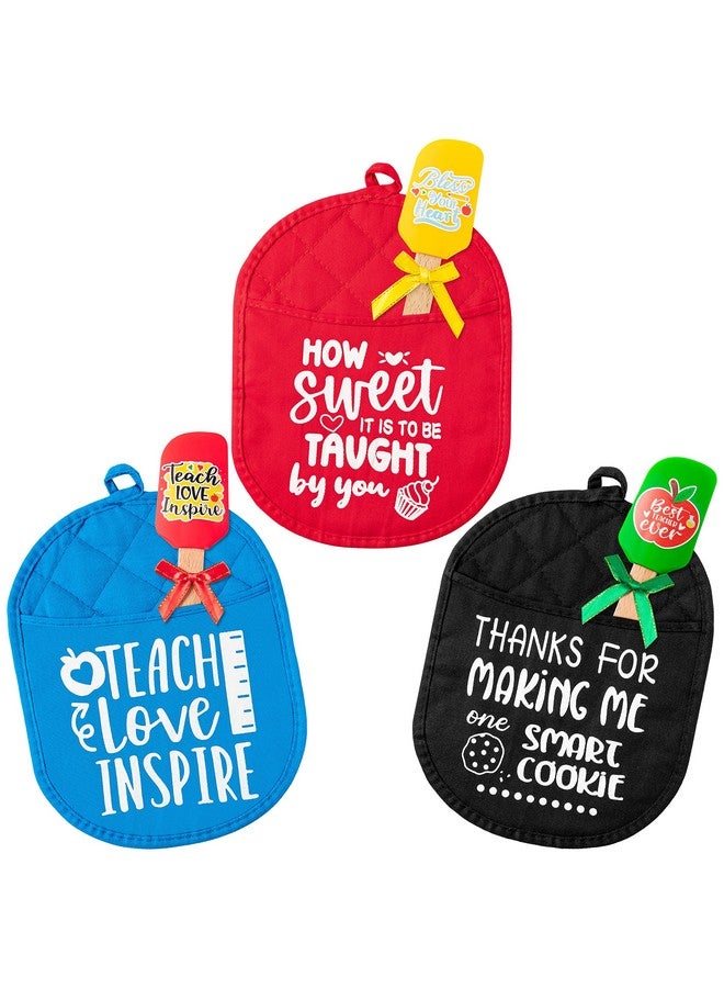 R HORSE R HORSE 6Pcs Pot Holders with Silicone Spatulas, Thank You Teacher Kitchen Pot Holders with Pocket Heat Resistant Oven Mitts Xmas Cookie Bag for Christmas Kitchen Gift  - Image 1