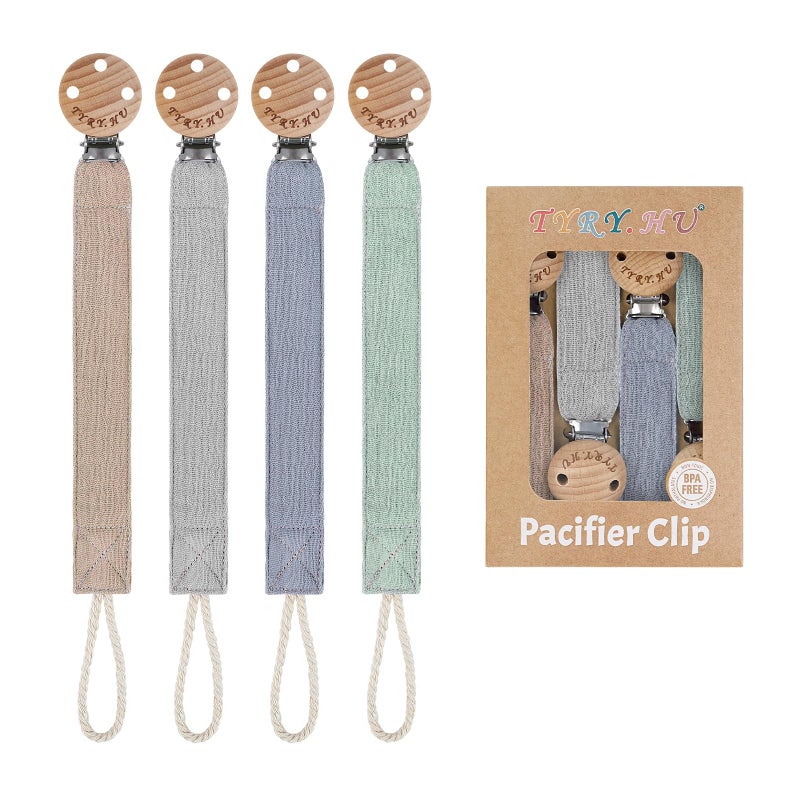 TYRY.HU Ribbon Pacifier Clip Holder,4 Pack Binky Paci Holder Clips, Pacifier Leash for Boys and Girls, Soft Webbing Strap Universal Fits for Most Pacifier, Styles & Teethers(Khaki,Grey,Blue,Green) - Image 1