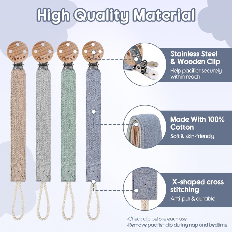 TYRY.HU Ribbon Pacifier Clip Holder,4 Pack Binky Paci Holder Clips, Pacifier Leash for Boys and Girls, Soft Webbing Strap Universal Fits for Most Pacifier, Styles & Teethers(Khaki,Grey,Blue,Green) - Image 2