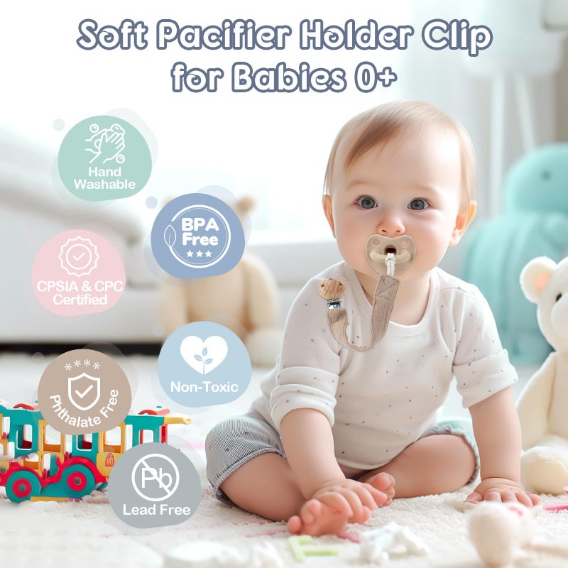 TYRY.HU Ribbon Pacifier Clip Holder,4 Pack Binky Paci Holder Clips, Pacifier Leash for Boys and Girls, Soft Webbing Strap Universal Fits for Most Pacifier, Styles & Teethers(Khaki,Grey,Blue,Green) - Image 3