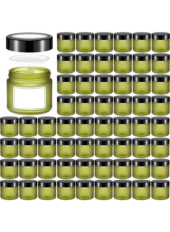 Layhit 60pcs 2 oz Glass Jars with Lids Empty Round Cosmetic Jars Travel Storage Jar with Inner Liners White Labels for Scrubs, Lotions, Cosmetic,Spice,Powder and Ointments (Green,Black Lid) - Image 1