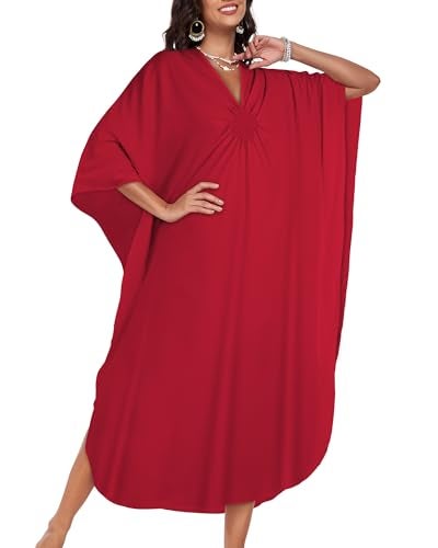 JILUVIN Kaftan Dresses for Women Plus Size V Neck Caftans Long Batwing Sleeve Beach Cover Ups Summer Floral Print Dress 2026 (Red,One Size) - Image 3