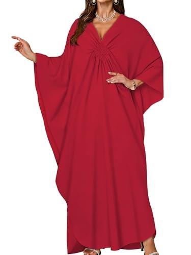 JILUVIN Kaftan Dresses for Women Plus Size V Neck Caftans Long Batwing Sleeve Beach Cover Ups Summer Floral Print Dress 2026 (Red,One Size) - Image 1