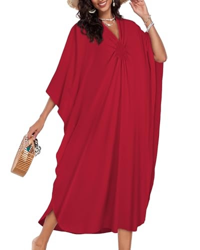 JILUVIN Kaftan Dresses for Women Plus Size V Neck Caftans Long Batwing Sleeve Beach Cover Ups Summer Floral Print Dress 2026 (Red,One Size) - Image 2