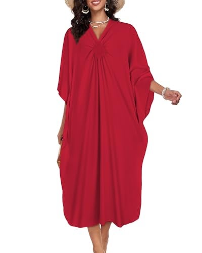 JILUVIN Kaftan Dresses for Women Plus Size V Neck Caftans Long Batwing Sleeve Beach Cover Ups Summer Floral Print Dress 2026 (Red,One Size) - Image 4