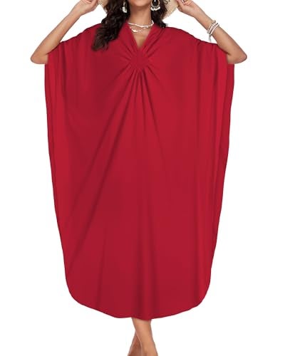 JILUVIN Kaftan Dresses for Women Plus Size V Neck Caftans Long Batwing Sleeve Beach Cover Ups Summer Floral Print Dress 2026 (Red,One Size) - Image 5