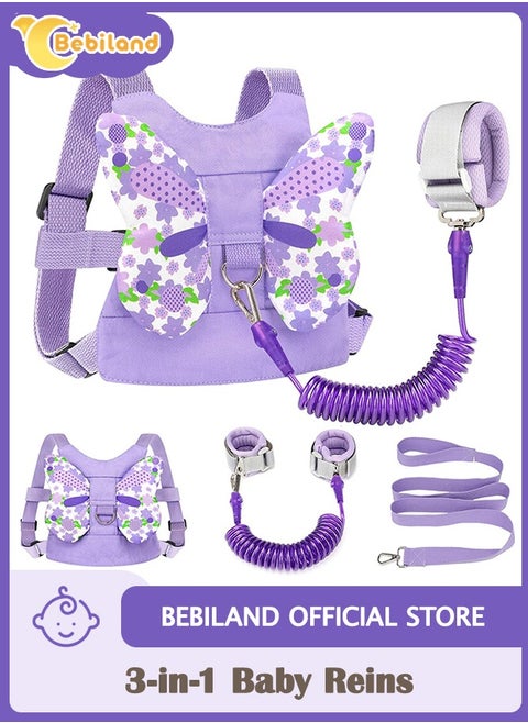 3-in-1 Reins Walking Safety Harness for Kids, Toddler Leash and Anti Lost Wrist Bands with 360°rotation Leash for Toddler/Babies /Children, Butterfly-Wings Walking Harness and 1.5m Rope (Purple)