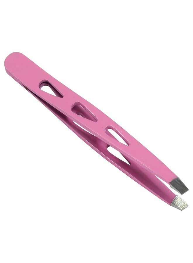 HTS 172D1 4" Pink Slanted Eyebrow Tweezers with Droplet Holes - Image 2