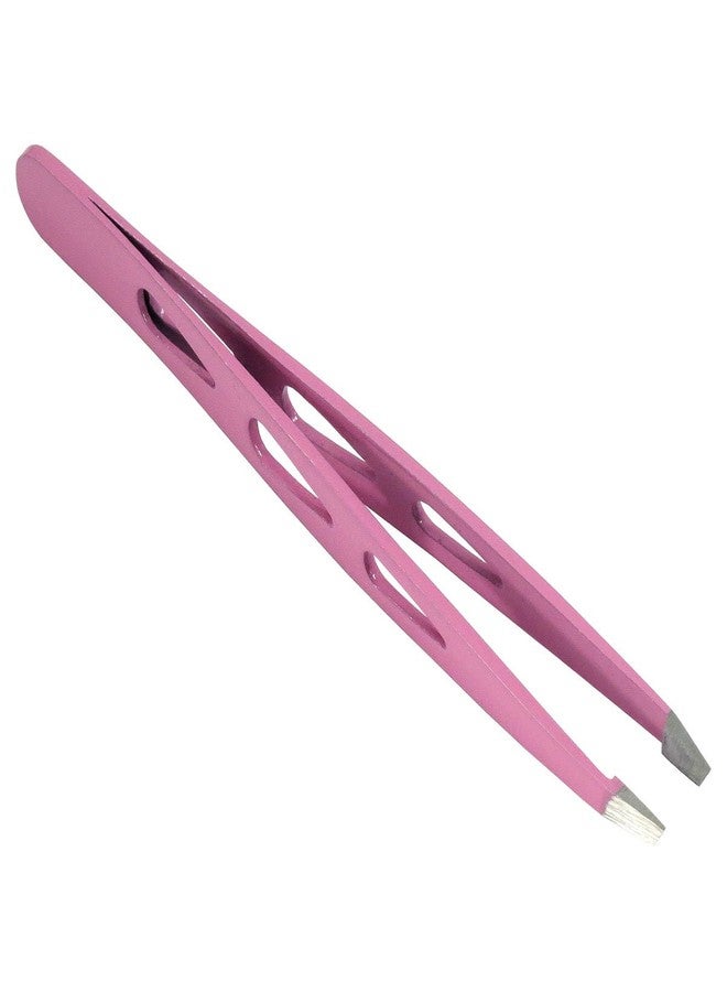 HTS 172D1 4" Pink Slanted Eyebrow Tweezers with Droplet Holes - Image 1