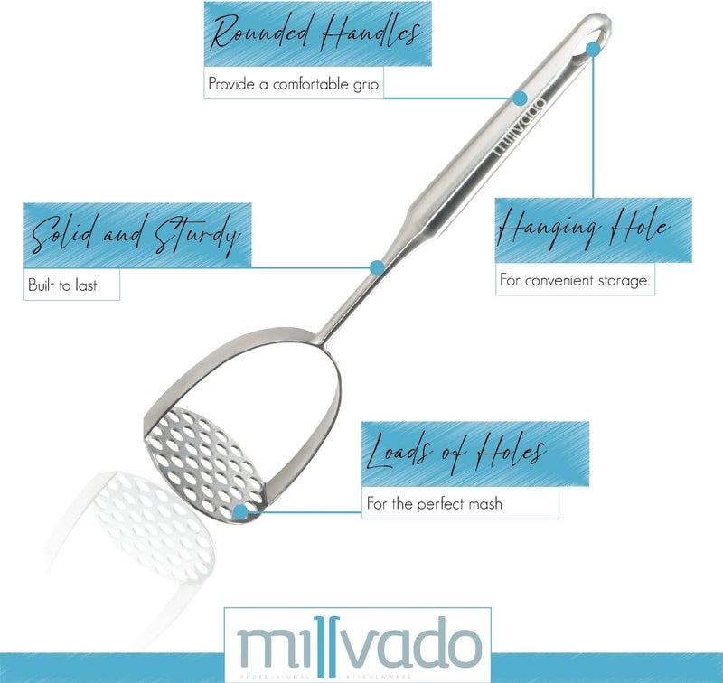 Millvado Potato Masher Stainless Steel, Best Mashed Potatoes Masher Kitchen Tool, Potato Smasher For Potatoe, Avocado, Sweet Potato, Beans, Large Heavy Duty Metal Mashing Utensil, 12.5 Inch - Image 3