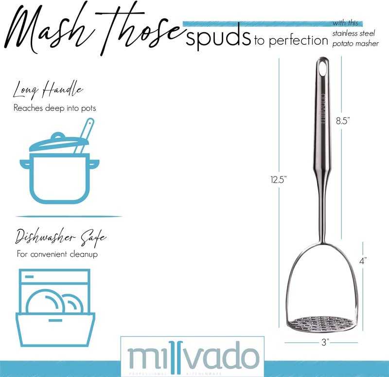 Millvado Potato Masher Stainless Steel, Best Mashed Potatoes Masher Kitchen Tool, Potato Smasher For Potatoe, Avocado, Sweet Potato, Beans, Large Heavy Duty Metal Mashing Utensil, 12.5 Inch - Image 2