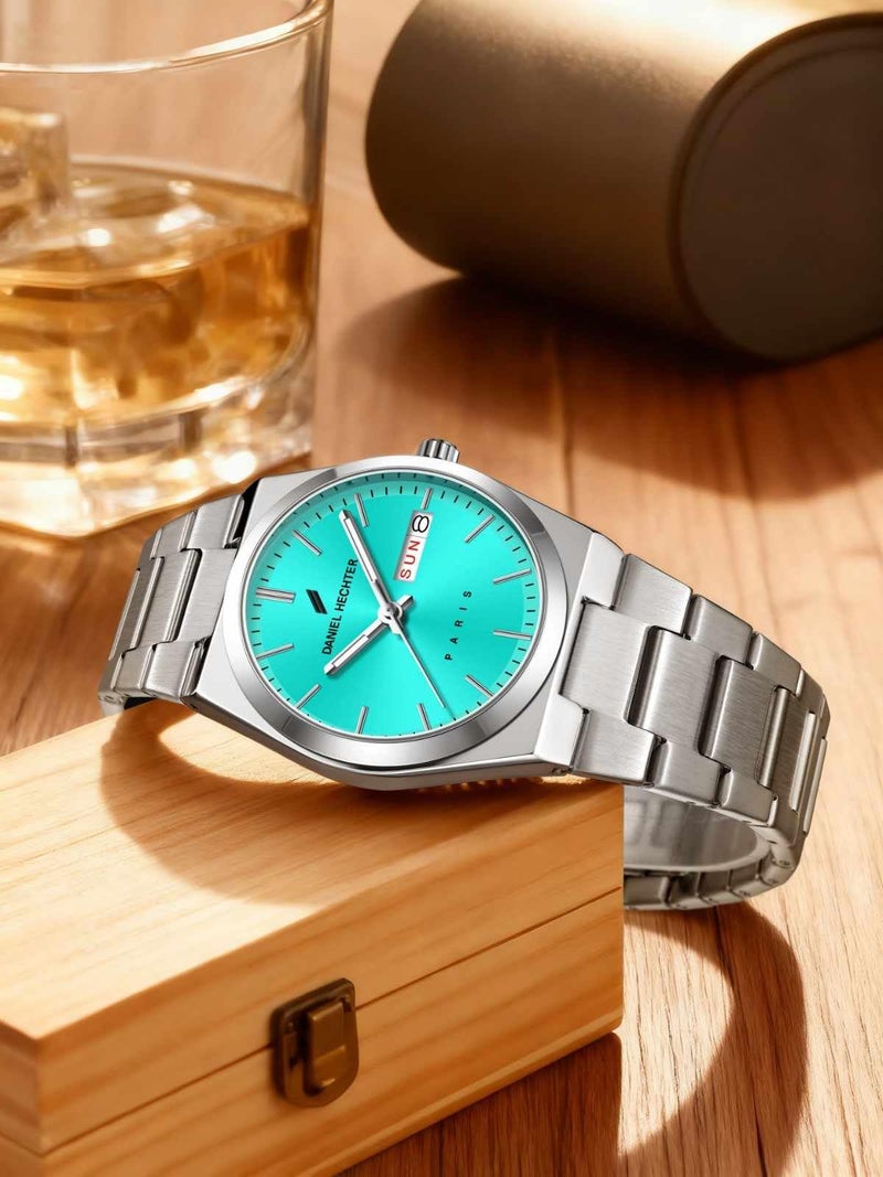 Daniel Hechter Paris Hoche Collection Formal Analog Watch for Men – Round dial and Silver Stainless Steel Strap with Day-Date Display (Dial:Sea Green,Strap:White) - Image 4