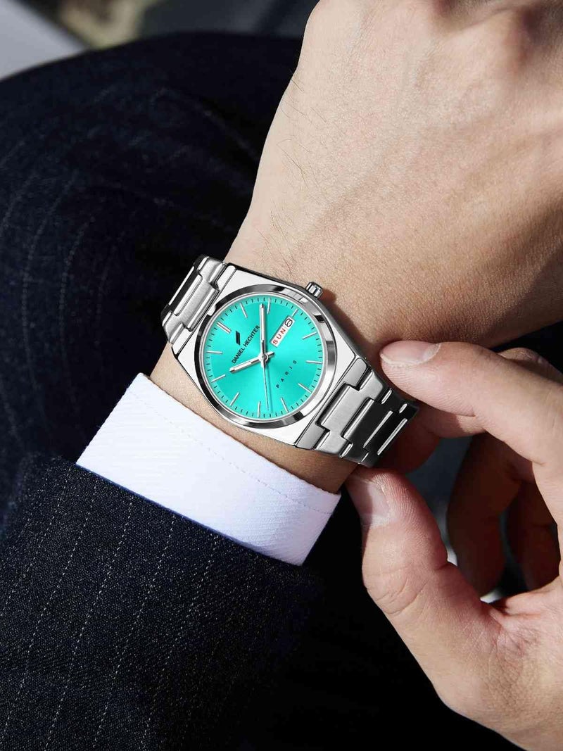 Daniel Hechter Paris Hoche Collection Formal Analog Watch for Men – Round dial and Silver Stainless Steel Strap with Day-Date Display (Dial:Sea Green,Strap:White) - Image 2