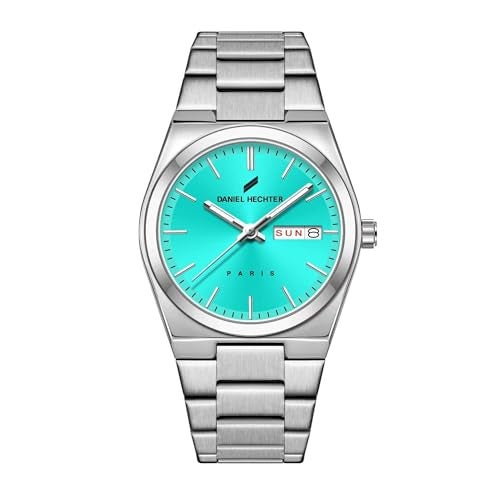 Daniel Hechter Paris Hoche Collection Formal Analog Watch for Men – Round dial and Silver Stainless Steel Strap with Day-Date Display (Dial:Sea Green,Strap:White) - Image 1
