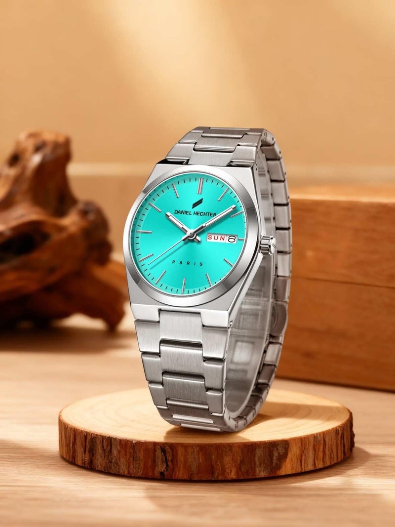 Daniel Hechter Paris Hoche Collection Formal Analog Watch for Men – Round dial and Silver Stainless Steel Strap with Day-Date Display (Dial:Sea Green,Strap:White) - Image 3