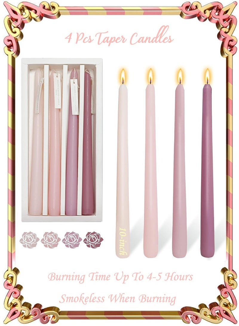 4 قطع شموع مدببة برائحة الورد الرومانسي، معطرة بألوان متدرجة وردية، شموع طويلة بدون دخان، شموع مدببة ملونة للديكور وحفلات الزفاف والمناسبات الخاصة، مقاس 10 بوصات - Image 1