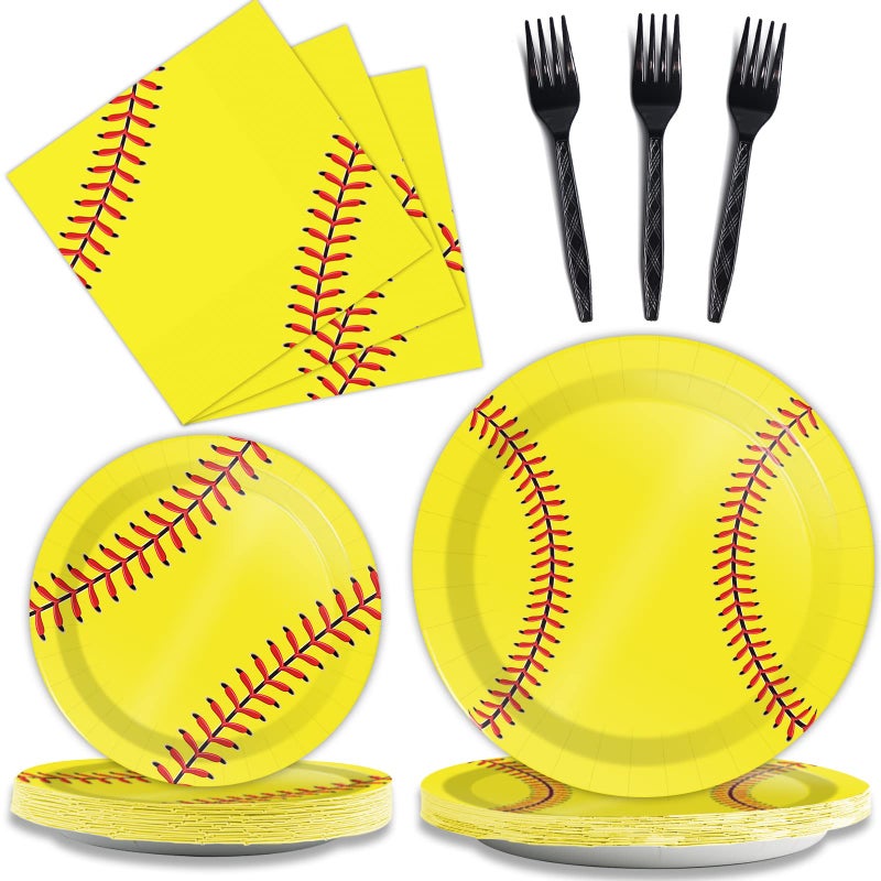 Wiooffen 96 Pcs Softball Party Decorations Plates Napkins Forks Supplies Set Softball Birthday Theme Party Disposable Paper Tableware Set for Girls Women 24 Guests