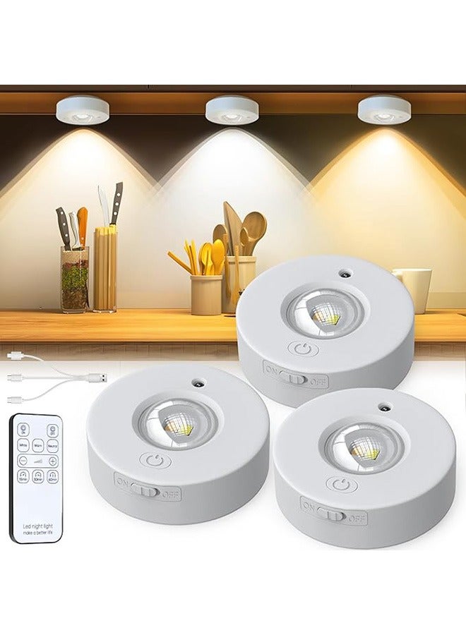 3 Pcs Magnetic LED Cabinet Lights, USB Rechargeable LED Spotlights, 500mAh Battery with Remote Control, 3 Colour Temperatures, Round LED Under-Unit Light with Timer, Magnetic, Dimmable - Image 1