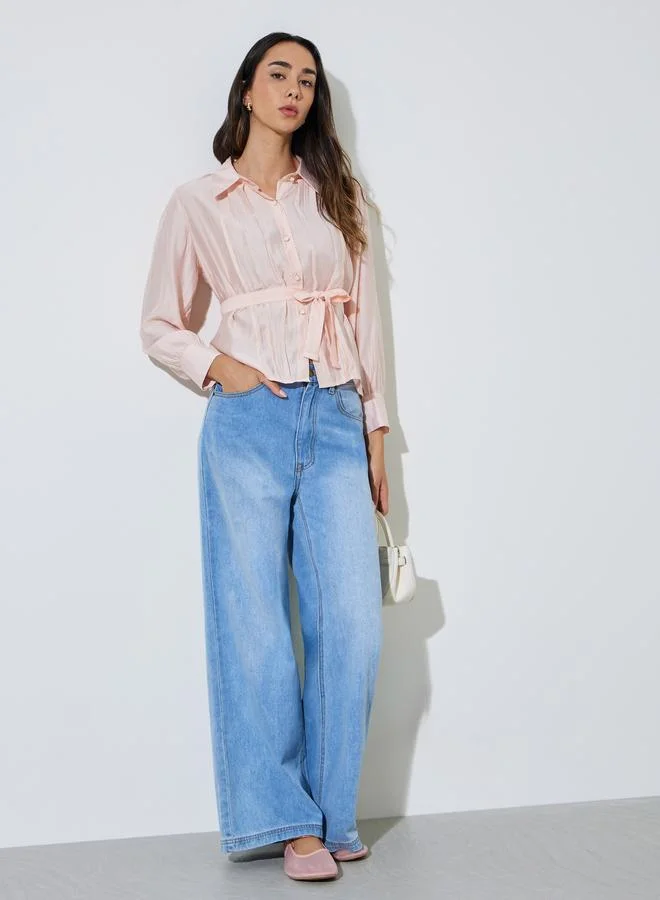 Styli Pink Button-Up Casual Shirt With Tie-Waist