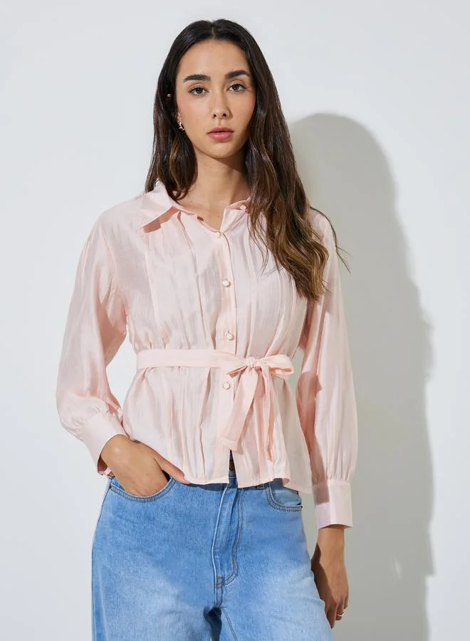 Styli Pink Button-Up Casual Shirt With Tie-Waist