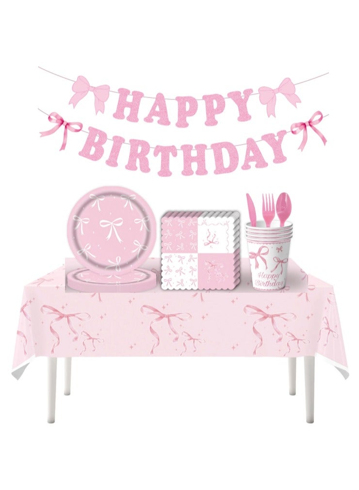 لوازم حفلات أعياد الميلاد على شكل فيونكة وردية تكفي 10 أشخاص، تتضمن زينة أعياد الميلاد أطباق فيونكة، مناديل، أكواب، لافتة، مفرش طاولة، سكين، شوكة وملعقة - Image 1