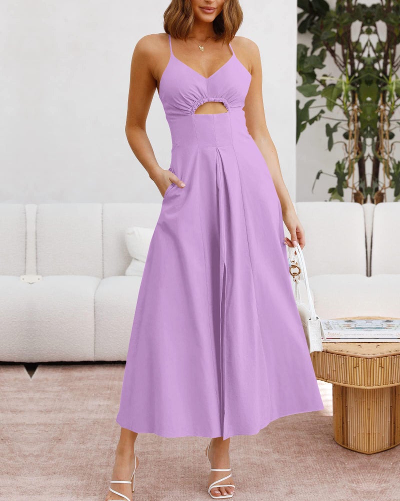 BTFBM Women 2026 Spaghetti Strap Midi Summer Dresses Sleeveless V Neck Cutout Slit Casual Beach Party Maxi Dress Pockets(Light Purple, Small) - Image 3