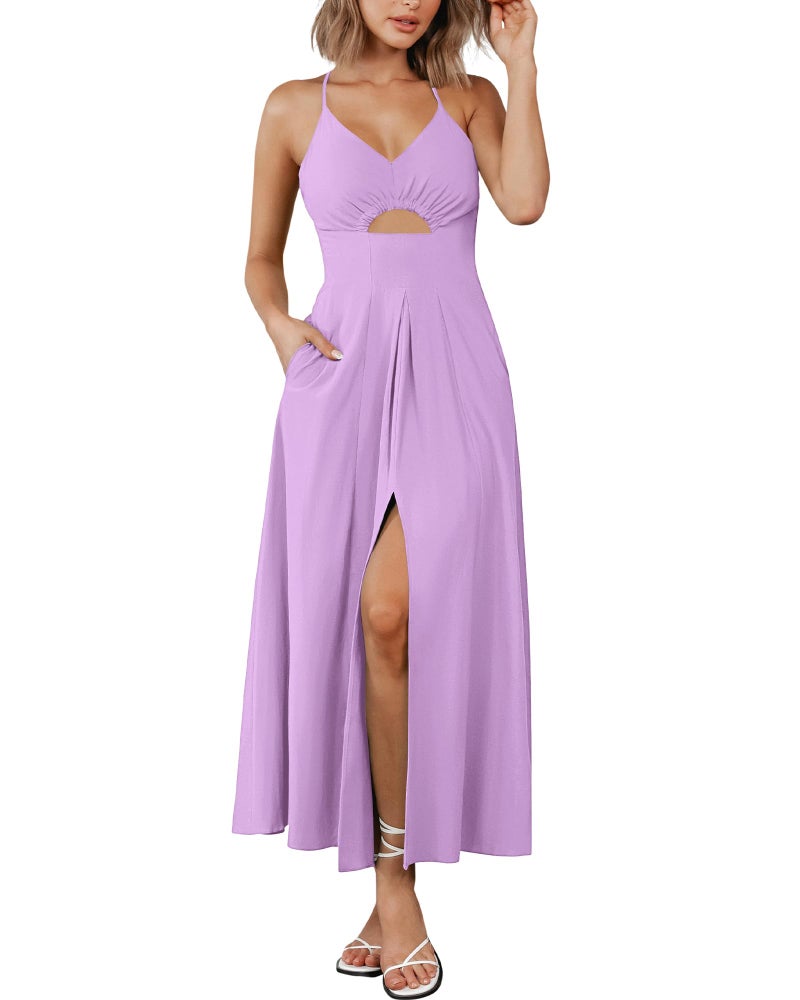 BTFBM Women 2026 Spaghetti Strap Midi Summer Dresses Sleeveless V Neck Cutout Slit Casual Beach Party Maxi Dress Pockets(Light Purple, Small) - Image 1